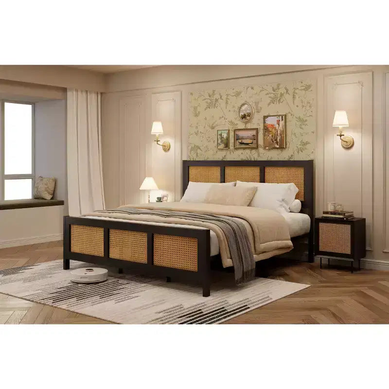 Rattan Bed Frame with Headboard, Boho Cane Platform Bed Frame with Strong Metal Slat, Noise Free, No Box Spring Needed