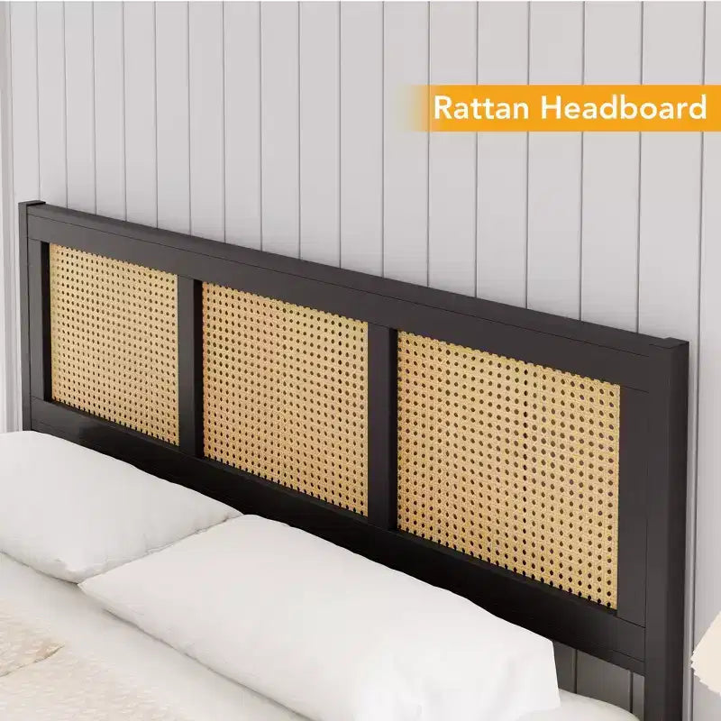 Rattan Bed Frame with Headboard, Boho Cane Platform Bed Frame with Strong Metal Slat, Noise Free, No Box Spring Needed
