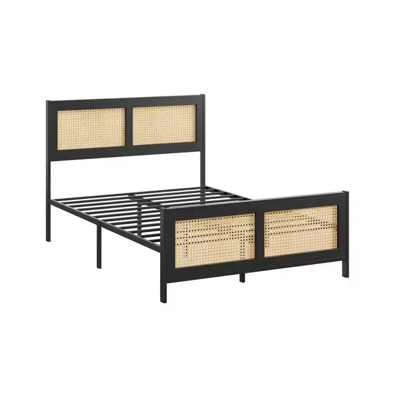 Rattan Bed Frame with Headboard, Boho Cane Platform Bed Frame with Strong Metal Slat, Noise Free, No Box Spring Needed