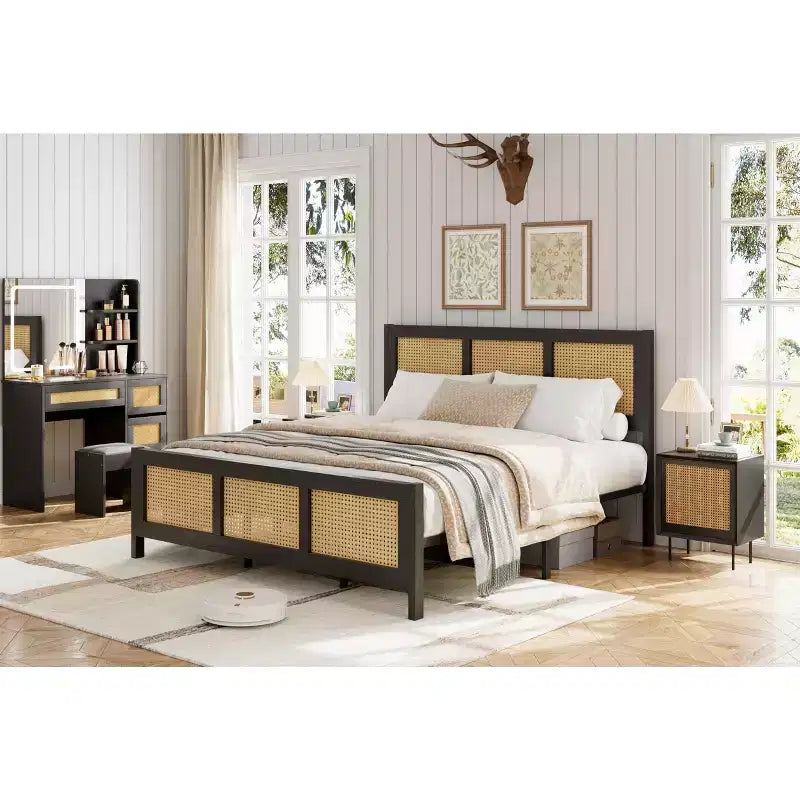 Rattan Bed Frame with Headboard, Boho Cane Platform Bed Frame with Strong Metal Slat, Noise Free, No Box Spring Needed