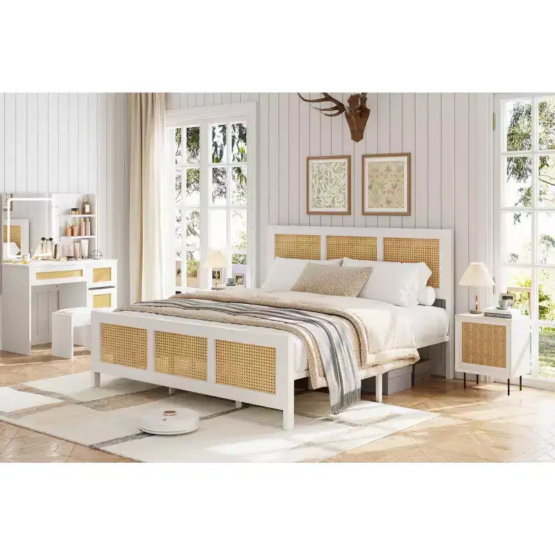 Rattan Bed Frame with Headboard, Boho Cane Platform Bed Frame with Strong Metal Slat, Noise Free, No Box Spring Needed