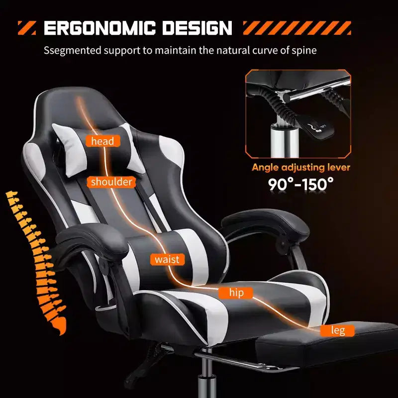 TUYOHW Sedia in Ecopelle con Rotelle e Poggiapiedi, Supporto Lombare, Braccioli Fissi, Sedia da Gaming per Ufficio