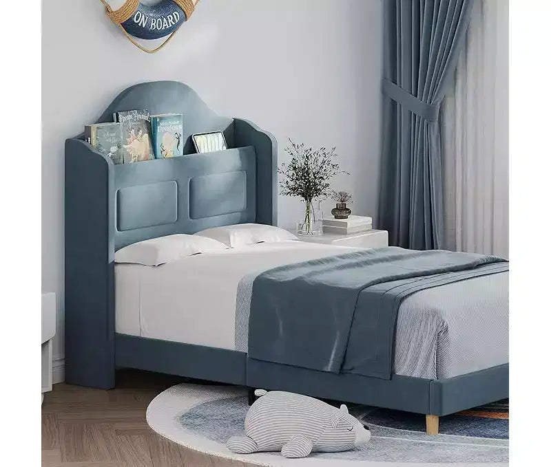 Twin Size Bed Frame with Storage Headboard Wingback Upholstered Headboard and Footboard, Metal Slat Noise Free, Easy Assembly