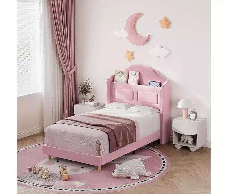 Twin Size Bed Frame with Storage Headboard Wingback Upholstered Headboard and Footboard, Metal Slat Noise Free, Easy Assembly