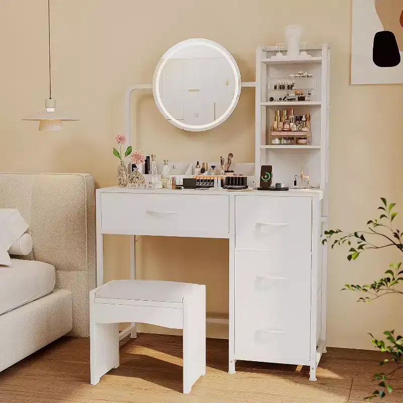 Vanity Desk with Mirror and Lights, Black Vanity Table with Charging Station and Stool, Large Makeup Desk with 4 Drawers, Dressing Table