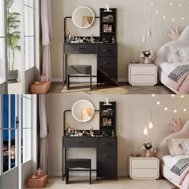 Vanity Desk with Mirror and Lights, Black Vanity Table with Charging Station and Stool, Large Makeup Desk with 4 Drawers, Dressing Table