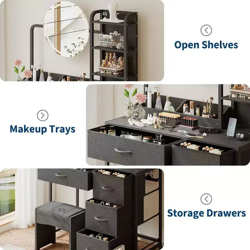 Vanity Desk with Mirror and Lights, Black Vanity Table with Charging Station and Stool, Large Makeup Desk with 4 Drawers, Dressing Table