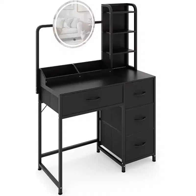 Vanity Desk with Mirror and Lights, Black Vanity Table with Charging Station and Stool, Large Makeup Desk with 4 Drawers, Dressing Table