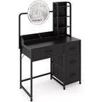 Vanity Desk with Mirror and Lights, Black Vanity Table with Charging Station and Stool, Large Makeup Desk with 4 Drawers, Dressing Table