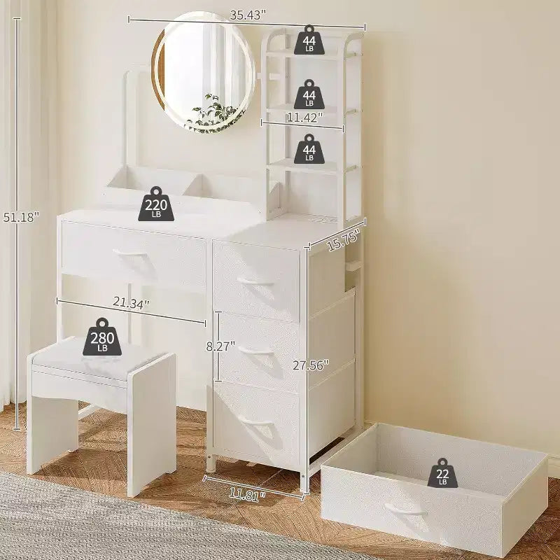 Vanity Desk with Mirror and Lights, Black Vanity Table with Charging Station and Stool, Large Makeup Desk with 4 Drawers, Dressing Table