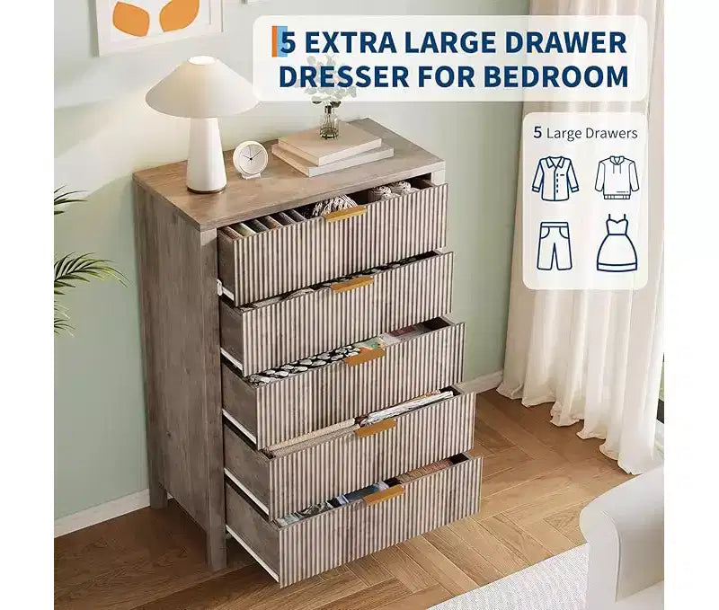 Comò per camera da letto a 5 cassetti, cassettiere alte in legno con maniglie dorate per armadio, cassettiera in legno, armadietto e cassetti organizer