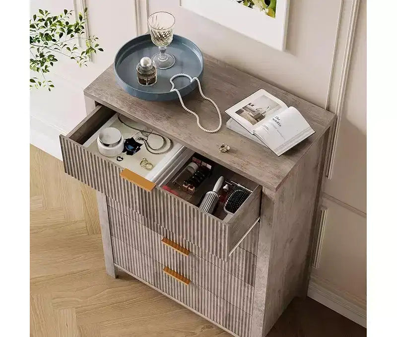 Comò per camera da letto a 5 cassetti, cassettiere alte in legno con maniglie dorate per armadio, cassettiera in legno, armadietto e cassetti organizer