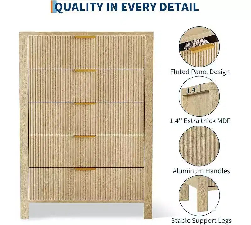 Comò per camera da letto a 5 cassetti, cassettiere alte in legno con maniglie dorate per armadio, cassettiera in legno, armadietto e cassetti organizer