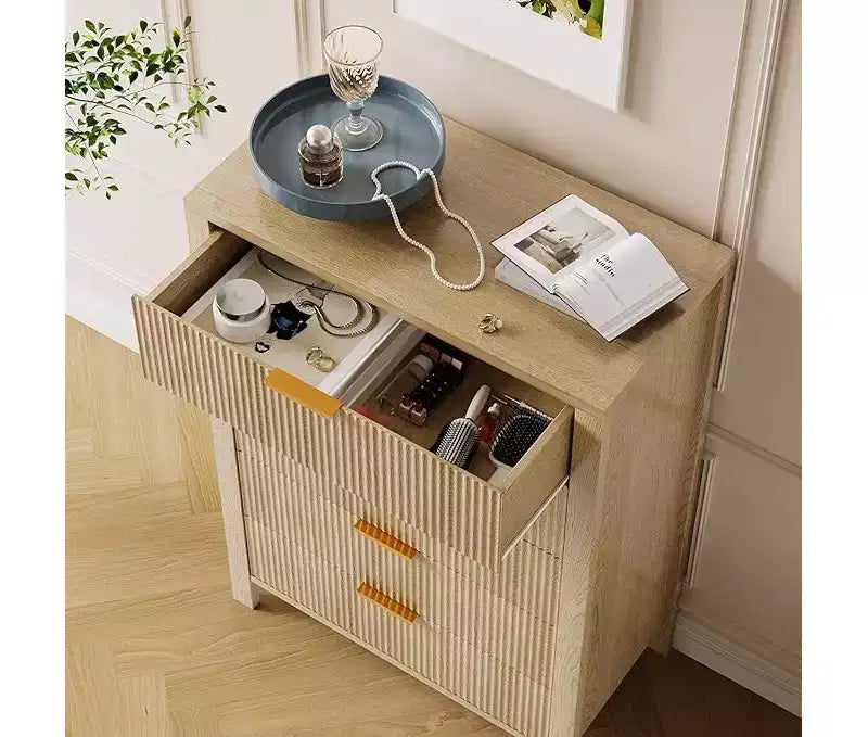 Comò per camera da letto a 5 cassetti, cassettiere alte in legno con maniglie dorate per armadio, cassettiera in legno, armadietto e cassetti organizer