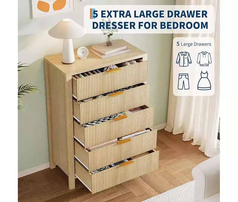 Comò per camera da letto a 5 cassetti, cassettiere alte in legno con maniglie dorate per armadio, cassettiera in legno, armadietto e cassetti organizer