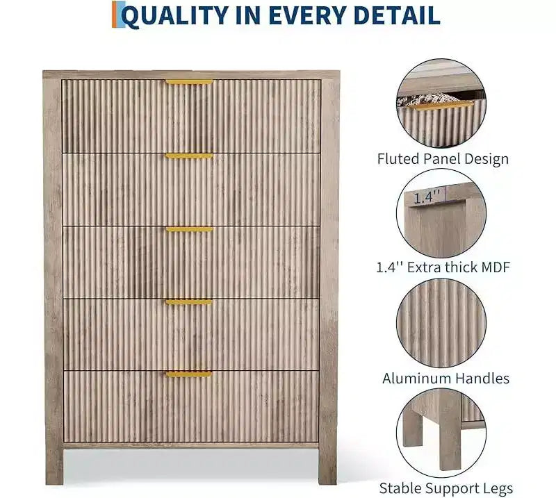 Comò per camera da letto a 5 cassetti, cassettiere alte in legno con maniglie dorate per armadio, cassettiera in legno, armadietto e cassetti organizer