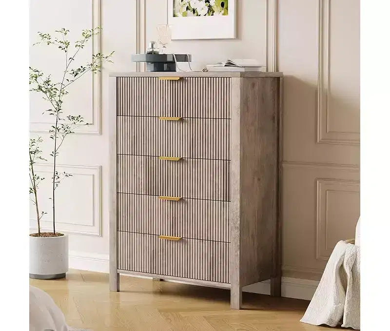 Comò per camera da letto a 5 cassetti, cassettiere alte in legno con maniglie dorate per armadio, cassettiera in legno, armadietto e cassetti organizer