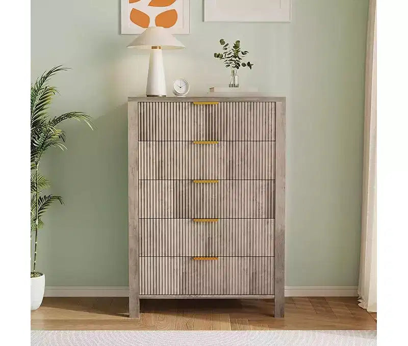 Comò per camera da letto a 5 cassetti, cassettiere alte in legno con maniglie dorate per armadio, cassettiera in legno, armadietto e cassetti organizer