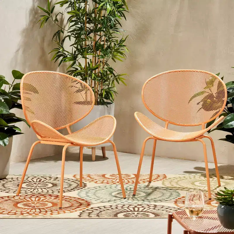 2pcs Outdoor Chairs, Shell Shaped Seats Dining Chair With Round Backrest, Patio Metal Bistro Chair, Weather-resistant Armless Chairs