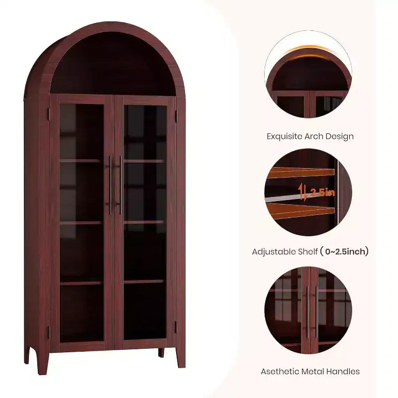 Arched Kitchen Pantry Cabinet - Farmhouse 5 Tier Display Shelf with Adjustable Shelf and 2 Large Glass Doors, Versatile Storage Cupboard