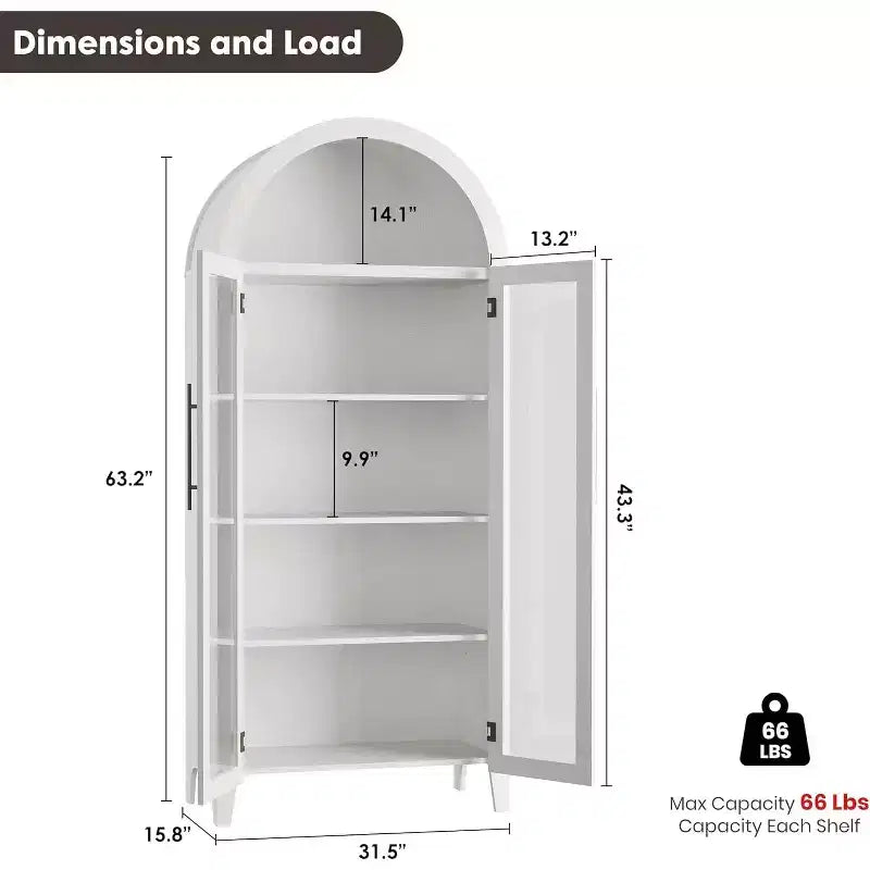 Arched Kitchen Pantry Cabinet - Farmhouse 5 Tier Display Shelf with Adjustable Shelf and 2 Large Glass Doors, Versatile Storage Cupboard