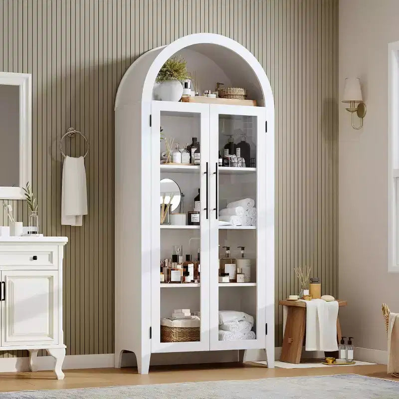 Arched Kitchen Pantry Cabinet - Farmhouse 5 Tier Display Shelf with Adjustable Shelf and 2 Large Glass Doors, Versatile Storage Cupboard