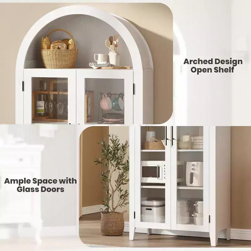 Arched Kitchen Pantry Cabinet - Farmhouse 5 Tier Display Shelf with Adjustable Shelf and 2 Large Glass Doors, Versatile Storage Cupboard