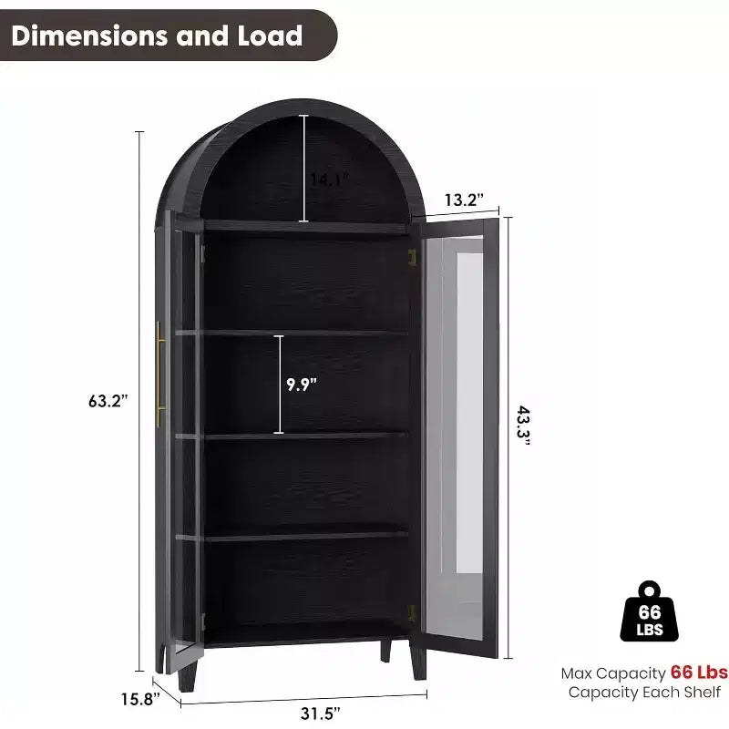 Arched Kitchen Pantry Cabinet - Farmhouse 5 Tier Display Shelf with Adjustable Shelf and 2 Large Glass Doors, Versatile Storage Cupboard