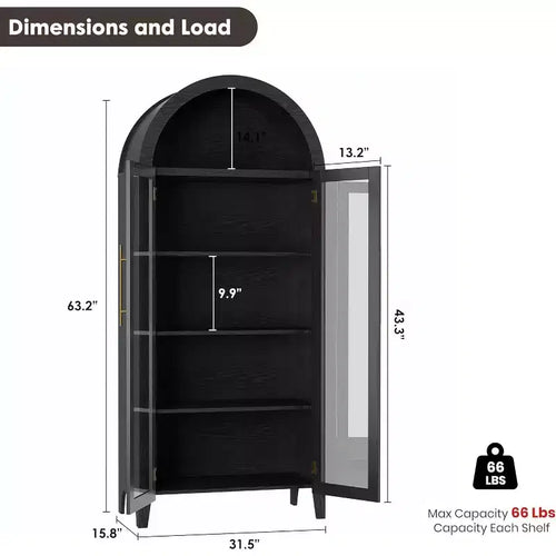 Dispensa da Cucina Ad Arco - Scaffale Rustico a 5 Ripiani con Ripiano Regolabile e 2 Grandi Ante in Vetro, Armadio Contenitore Versatile