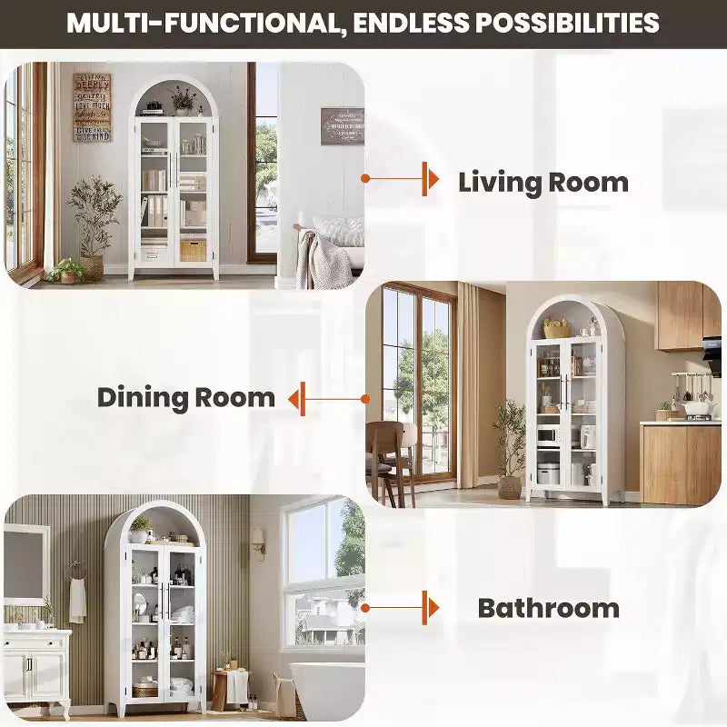 Arched Kitchen Pantry Cabinet - Farmhouse 5 Tier Display Shelf with Adjustable Shelf and 2 Large Glass Doors, Versatile Storage Cupboard