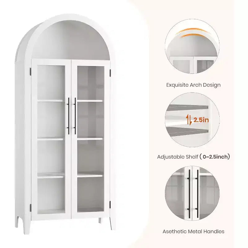 Arched Kitchen Pantry Cabinet - Farmhouse 5 Tier Display Shelf with Adjustable Shelf and 2 Large Glass Doors, Versatile Storage Cupboard