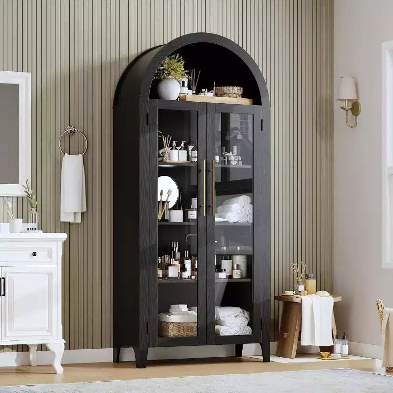 Arched Kitchen Pantry Cabinet - Farmhouse 5 Tier Display Shelf with Adjustable Shelf and 2 Large Glass Doors, Versatile Storage Cupboard