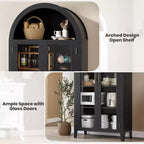 Arched Kitchen Pantry Cabinet - Farmhouse 5 Tier Display Shelf with Adjustable Shelf and 2 Large Glass Doors, Versatile Storage Cupboard