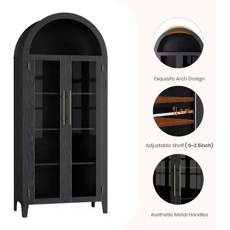 Arched Kitchen Pantry Cabinet - Farmhouse 5 Tier Display Shelf with Adjustable Shelf and 2 Large Glass Doors, Versatile Storage Cupboard