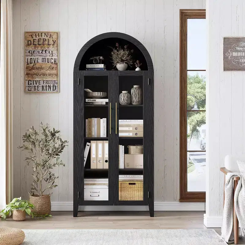Arched Kitchen Pantry Cabinet - Farmhouse 5 Tier Display Shelf with Adjustable Shelf and 2 Large Glass Doors, Versatile Storage Cupboard