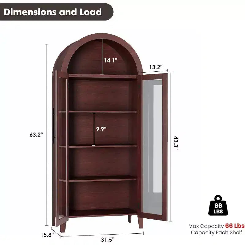 Arched Kitchen Pantry Cabinet - Farmhouse 5 Tier Display Shelf with Adjustable Shelf and 2 Large Glass Doors, Versatile Storage Cupboard