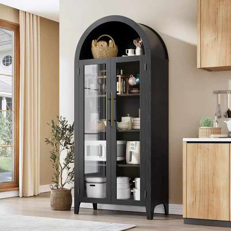 Arched Kitchen Pantry Cabinet - Farmhouse 5 Tier Display Shelf with Adjustable Shelf and 2 Large Glass Doors, Versatile Storage Cupboard