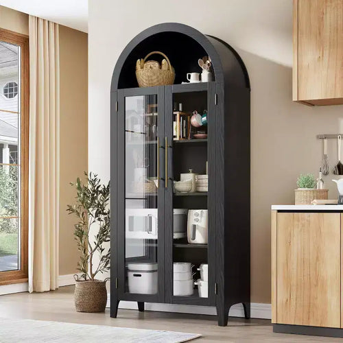 Arched Kitchen Pantry Cabinet - Farmhouse 5 Tier Display Shelf with Adjustable Shelf and 2 Large Glass Doors, Versatile Storage Cupboard