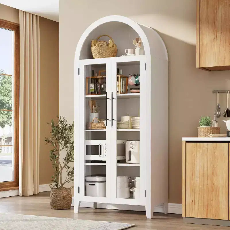 Dispensa da Cucina Ad Arco - Scaffale Rustico a 5 Ripiani con Ripiano Regolabile e 2 Grandi Ante in Vetro, Armadio Contenitore Versatile