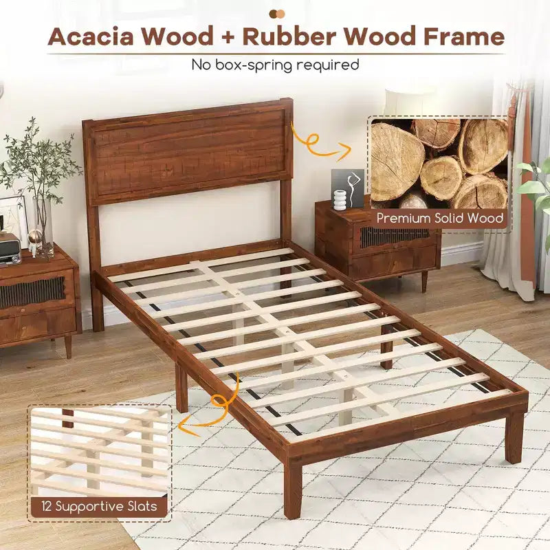 Costway Twin/Full/Queen Bed Frame w/ Rustic Headboard Under-bed Storage Space No Box Spring Needed
