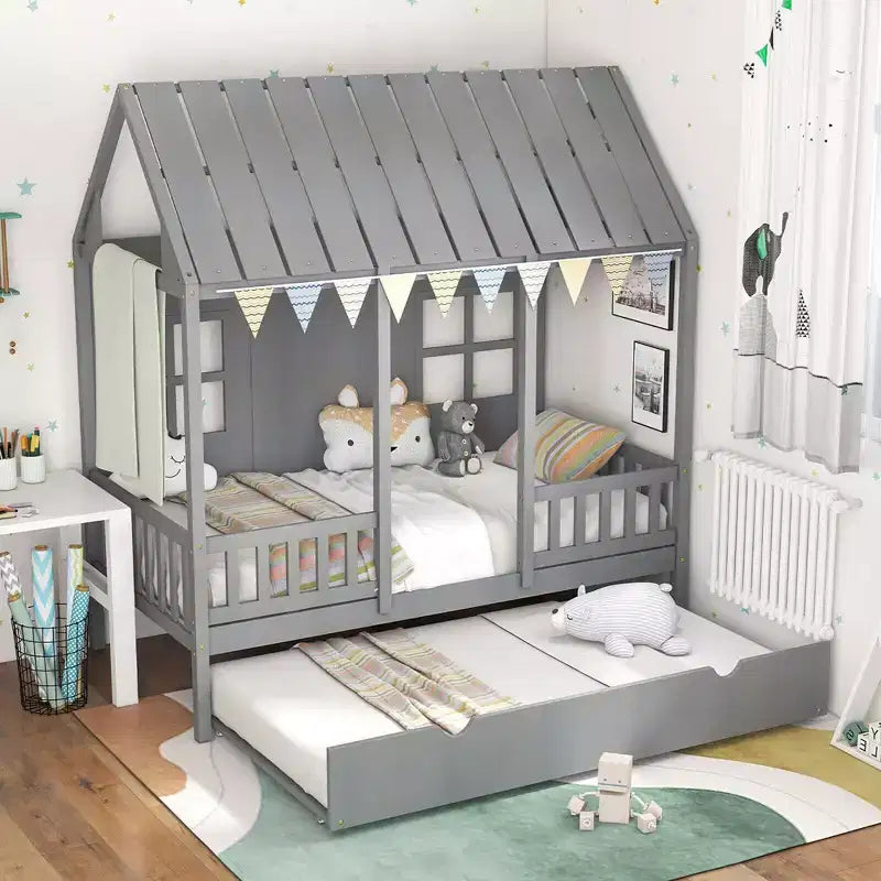 Costway Twin Size House Bed with Trundle Fence Decoration Wooden Windows Tall Roof Gray