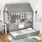 Costway Twin Size House Bed with Trundle Fence Decoration Wooden Windows Tall Roof Gray