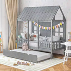 Costway Twin Size House Bed with Trundle Fence Decoration Wooden Windows Tall Roof Gray