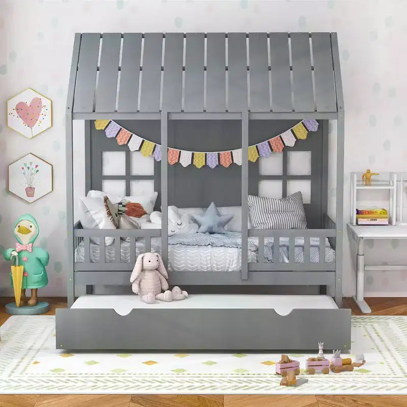 Costway Twin Size House Bed with Trundle Fence Decoration Wooden Windows Tall Roof Gray