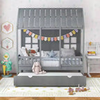 Costway Twin Size House Bed with Trundle Fence Decoration Wooden Windows Tall Roof Gray