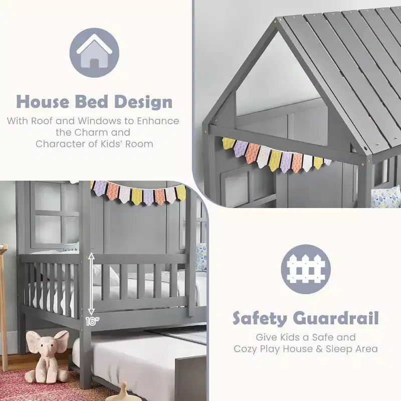 Costway Twin Size House Bed with Trundle Fence Decoration Wooden Windows Tall Roof Gray