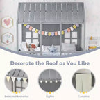 Costway Twin Size House Bed with Trundle Fence Decoration Wooden Windows Tall Roof Gray