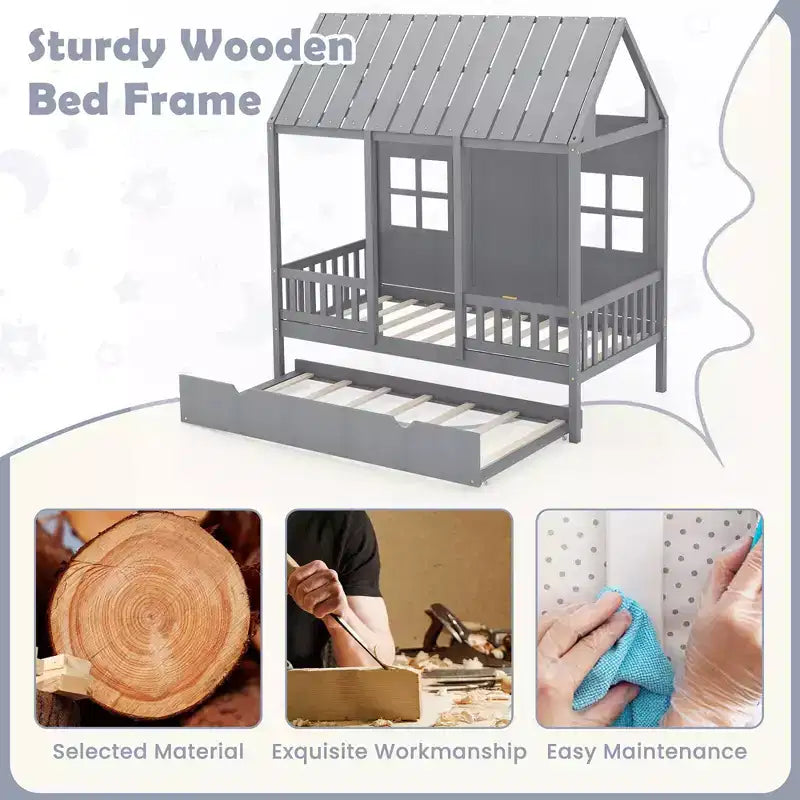 Costway Twin Size House Bed with Trundle Fence Decoration Wooden Windows Tall Roof Gray
