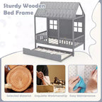 Costway Twin Size House Bed with Trundle Fence Decoration Wooden Windows Tall Roof Gray