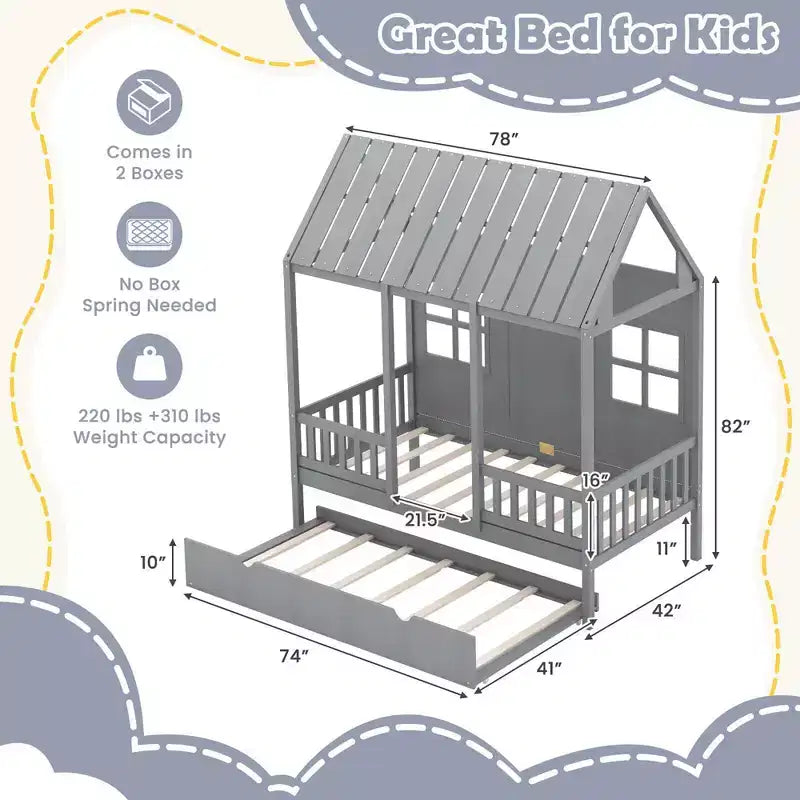 Costway Twin Size House Bed with Trundle Fence Decoration Wooden Windows Tall Roof Gray